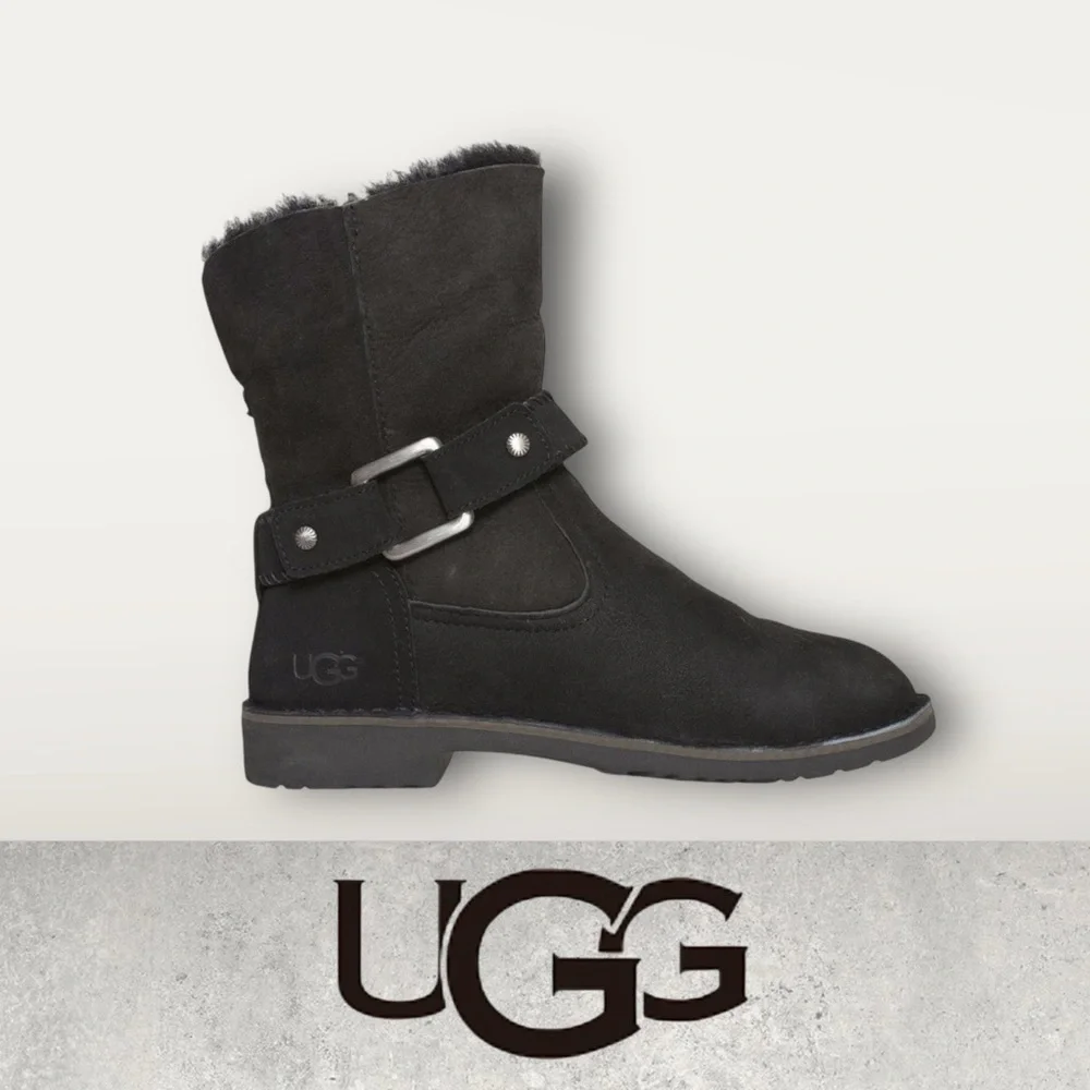 UGG Classic Cedric Black Suede Sheepskin Cuff ShortBoots Women’s Size 7 1012360